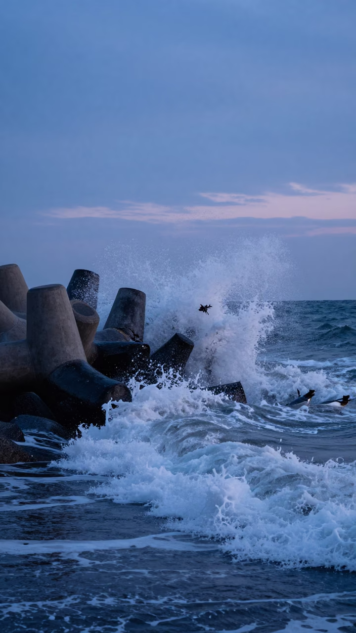 Nautical Dawn in Busan South Korea with Black Tetrapods and Winter Surf Spray in in Busan, South Korea