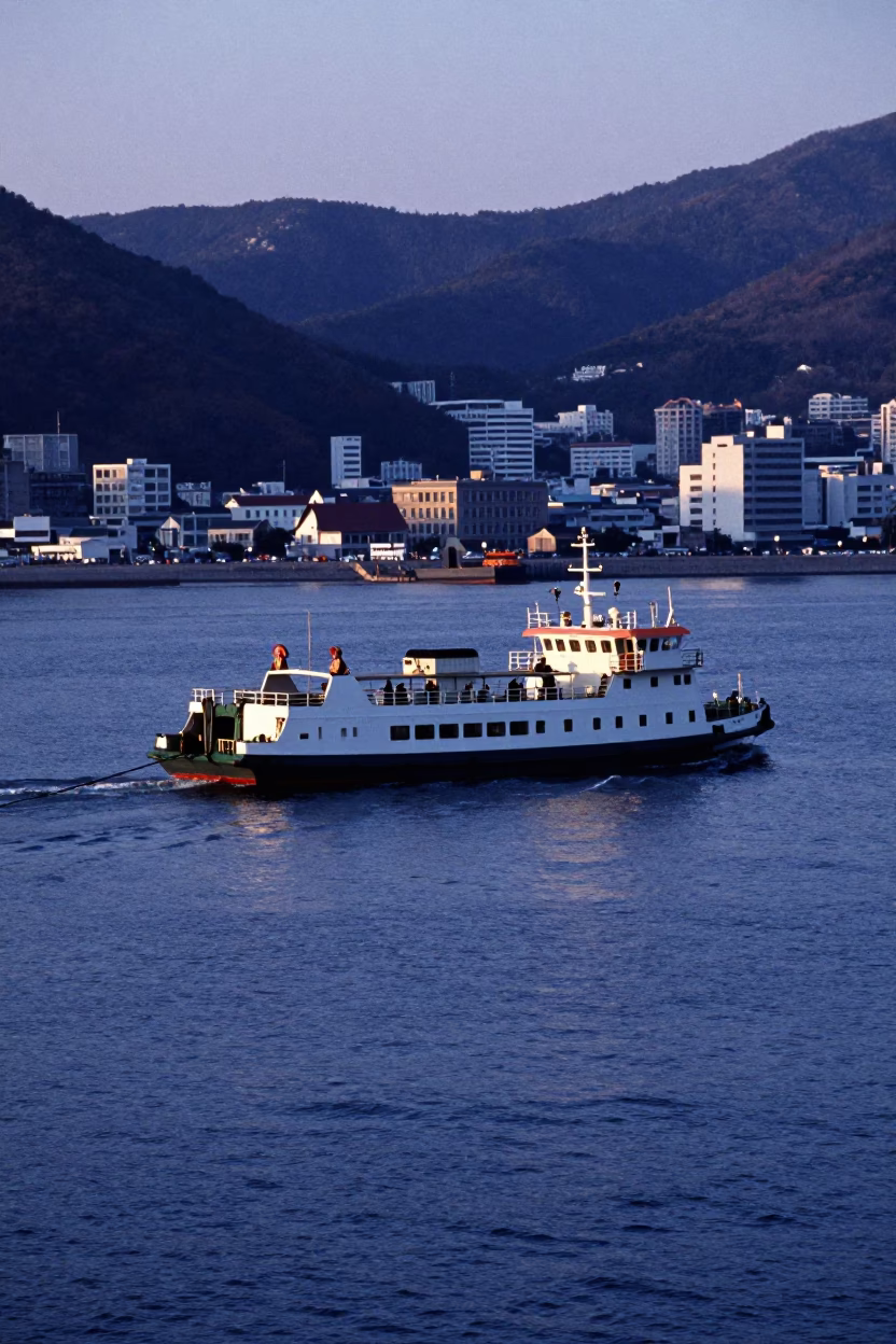Nautical Dawn in Busan South Korea with Chain Ferry Crossing Hwanghae River in in Busan, South Korea