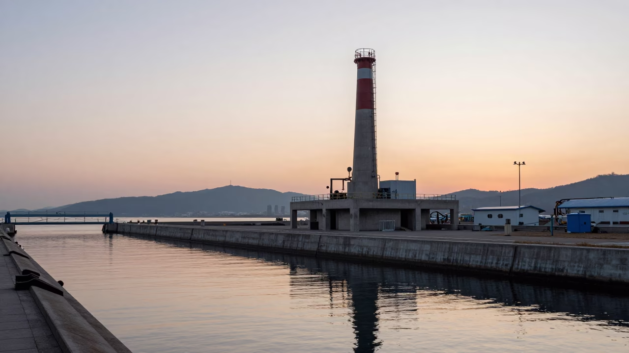 Nautical Dawn in Busan South Korea with Pumping Station and Water Canal in in Busan, South Korea