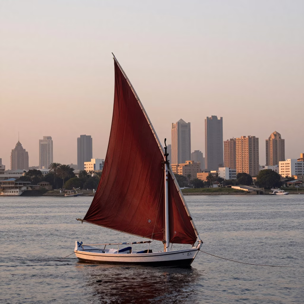 Nautical Dawn in Cairo Egypt with Junk Boat and Urban Skyline in in Cairo, Egypt