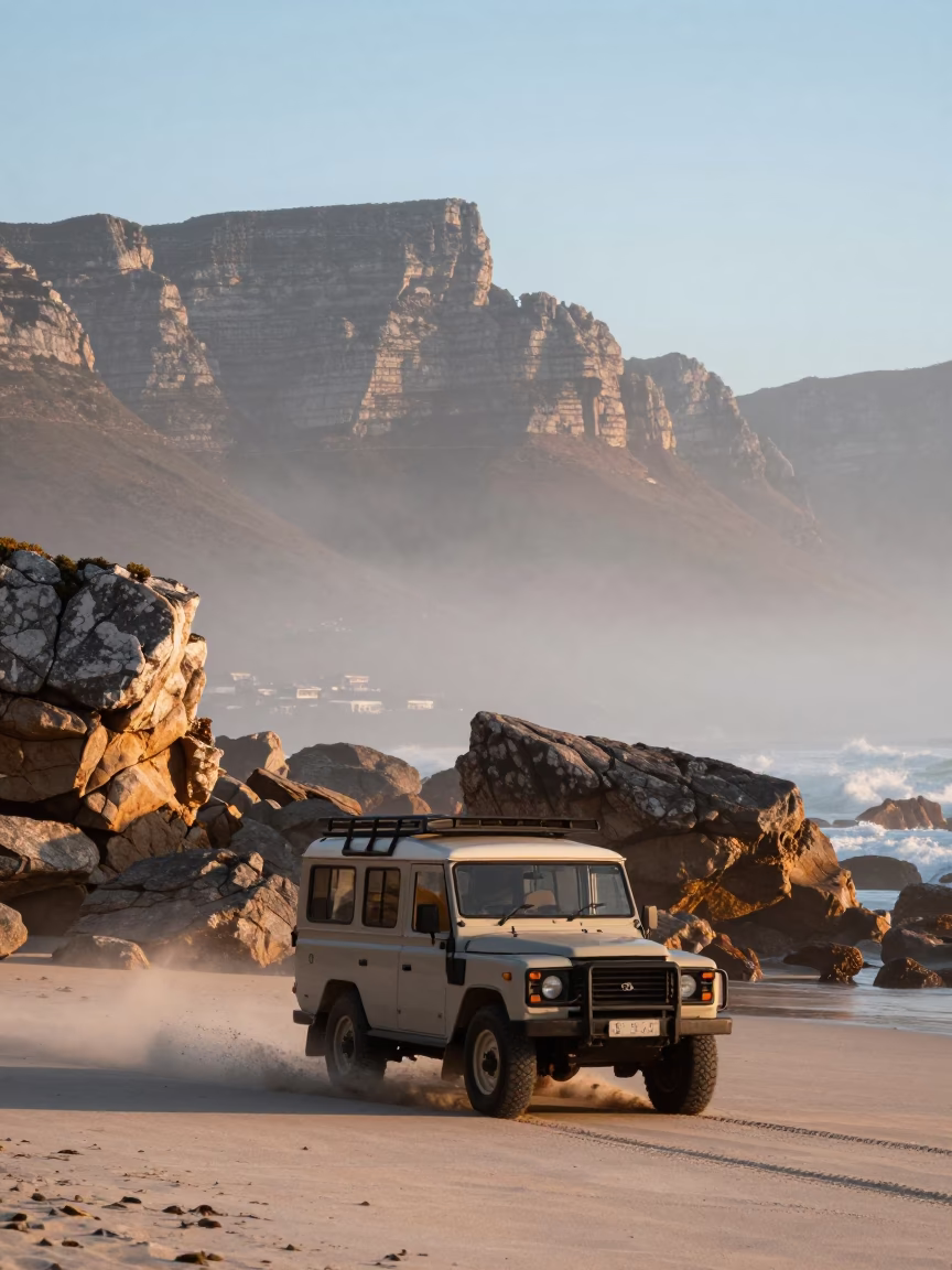Nautical Dawn in Cape Town with Vintage Off-Road Safari Vehicle on Coastal Trail in in Cape Town, South Africa