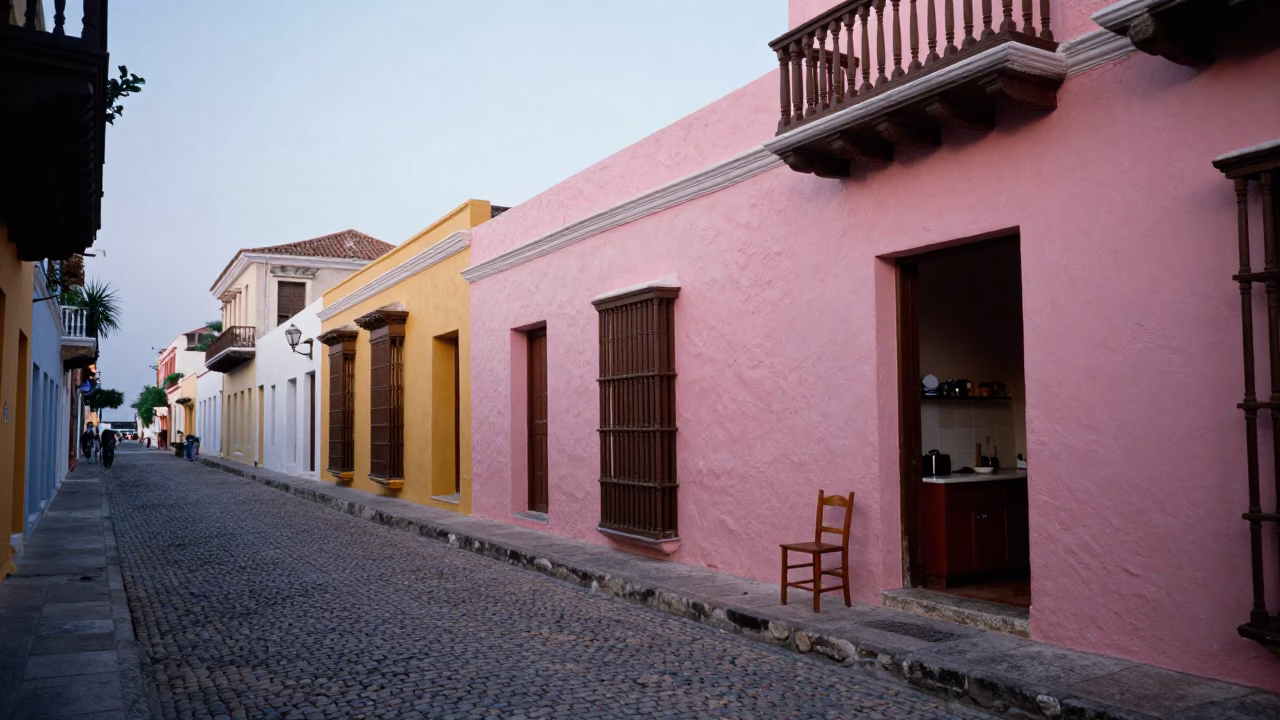 Nautical Dawn in Cartagena Colombia Street Scene with Chair and Kitchen Utensil in in Cartagena, Colombia