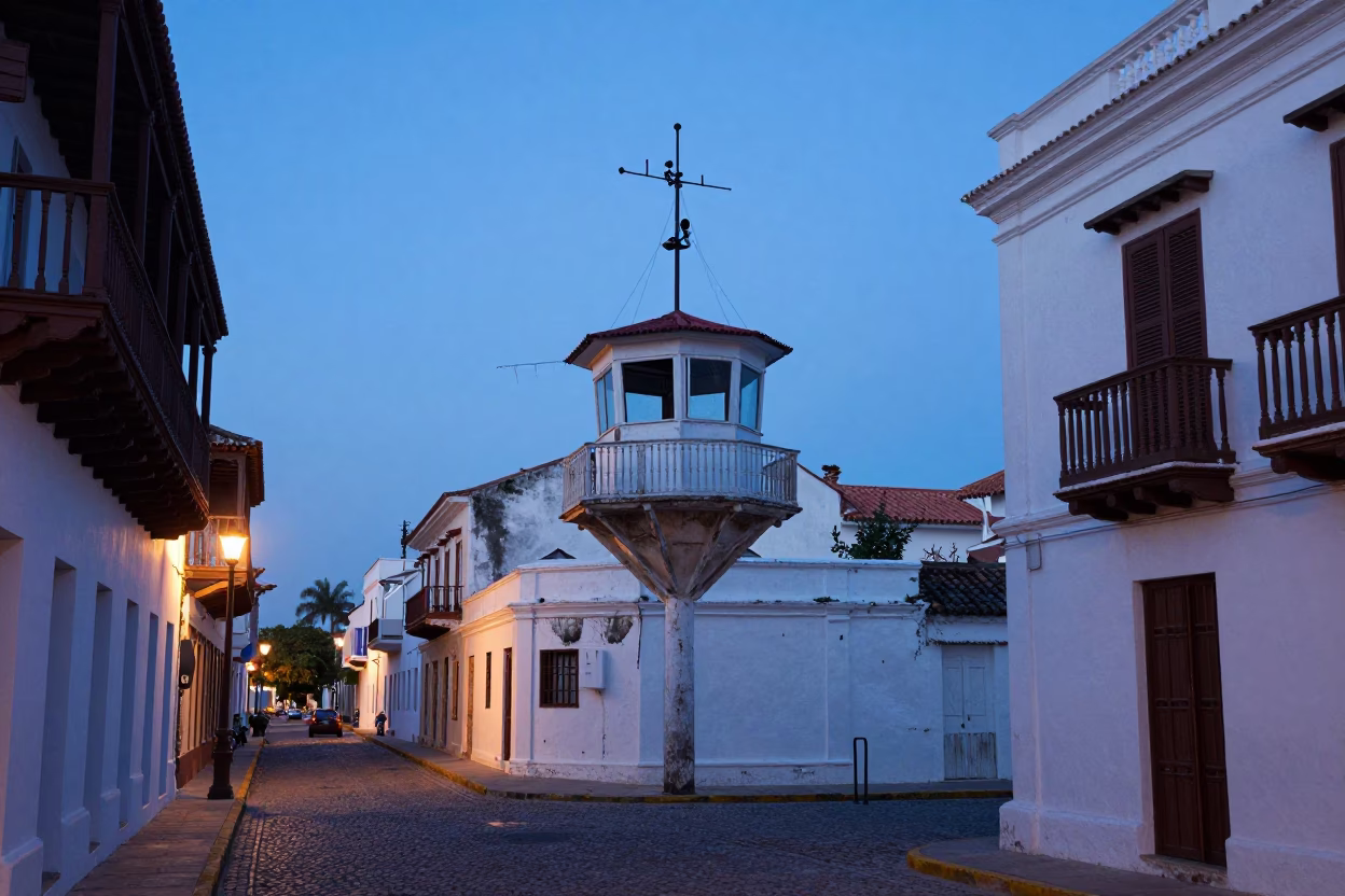 Nautical Dawn in Cartagena Colombia Street Scene with Weather Station and Local Life in in Cartagena, Colombia
