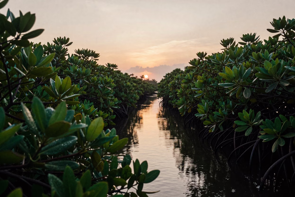 Nautical Dawn in Cartagena Colombia with Mangrove Roots and Morning Light in in Cartagena, Colombia