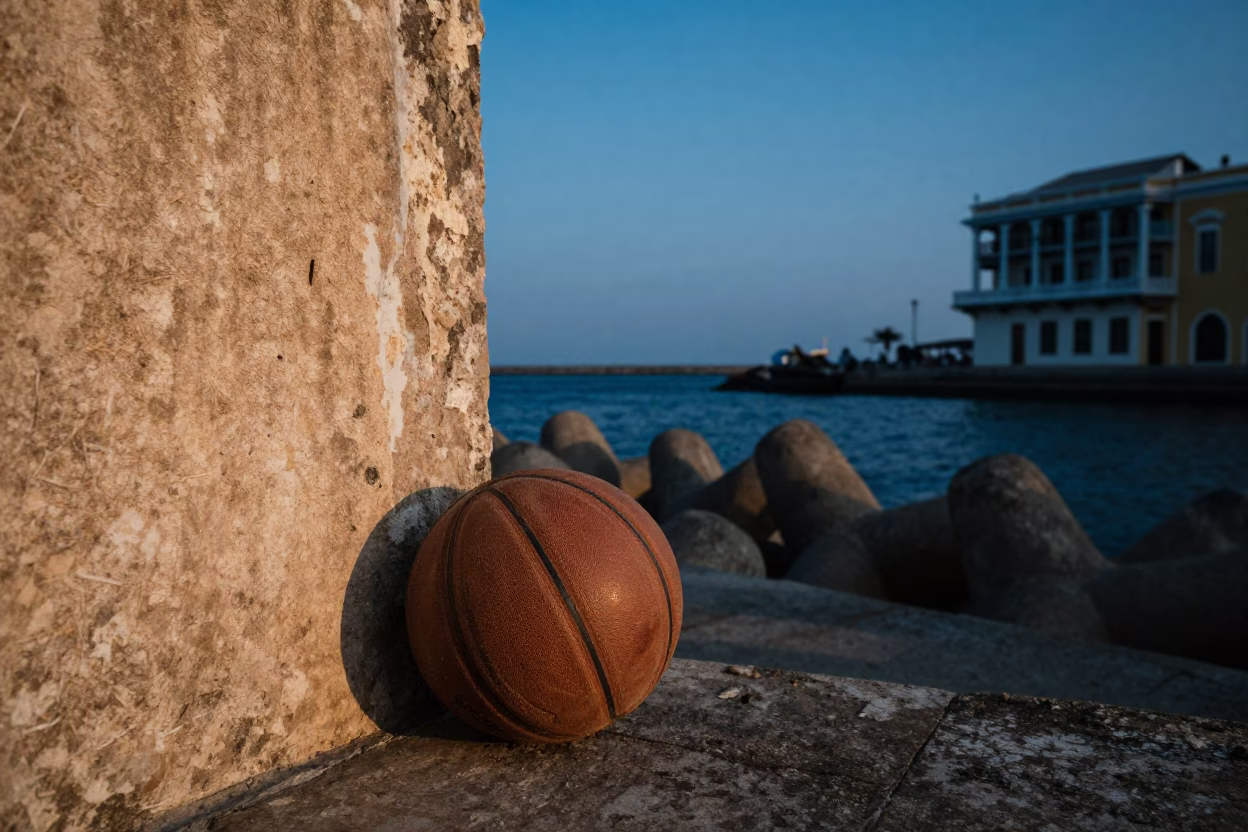 Nautical Dawn in Cartagena Colombia with Old Leather Basketball and Harbor Breakwater in in Cartagena, Colombia