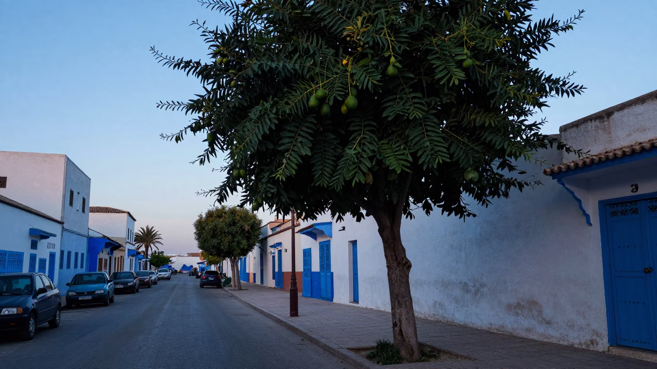 Nautical Dawn in Casablanca Morocco Street Scene with Avocado Tree in in Casablanca, Morocco