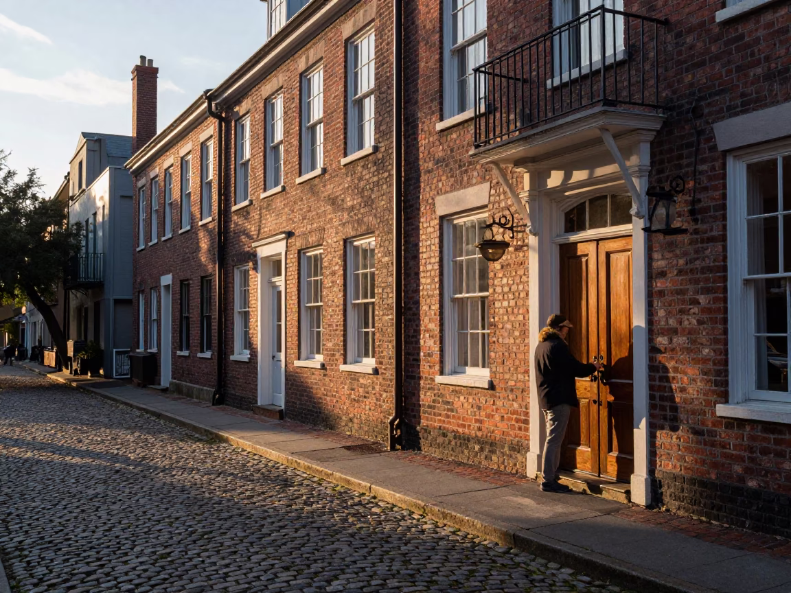 Nautical Dawn in Charleston South Carolina Historic District Cobblestone Street Scene in in Charleston, South Carolina, United States