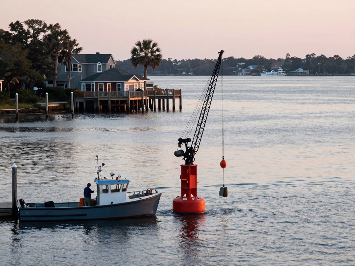 Nautical Dawn in Charleston South Carolina Hydrophone Buoy Craned Over Water in in Charleston, South Carolina, United States