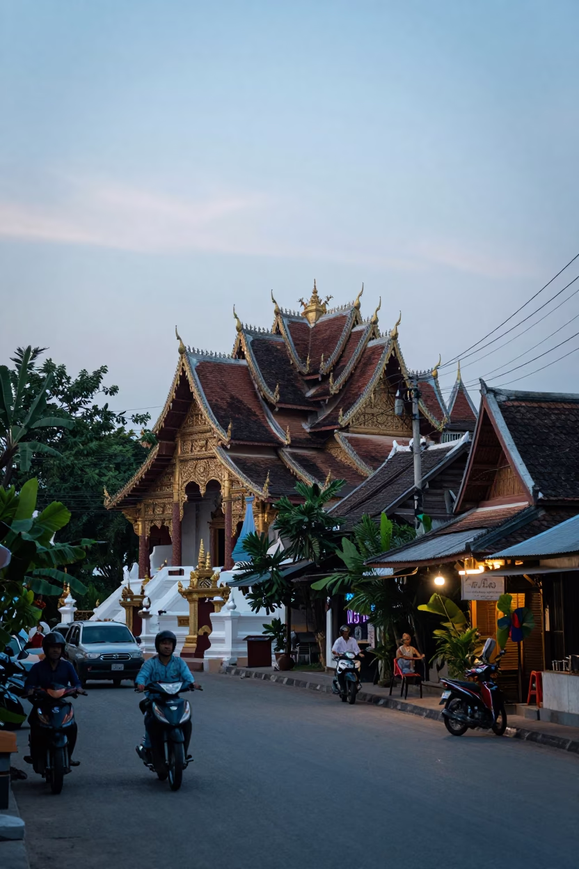Nautical Dawn in Chiang Mai Street Scene with Motorcycle and Local Market Activity in in Chiang Mai, Thailand