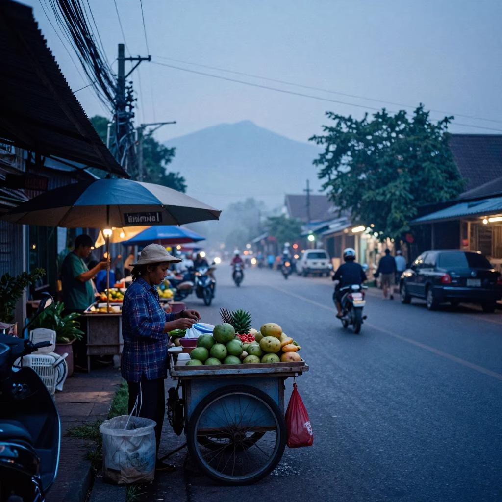 Nautical Dawn in Chiang Mai Thailand Street Scene with Local Vendors and Traditional Architecture in in Chiang Mai, Thailand