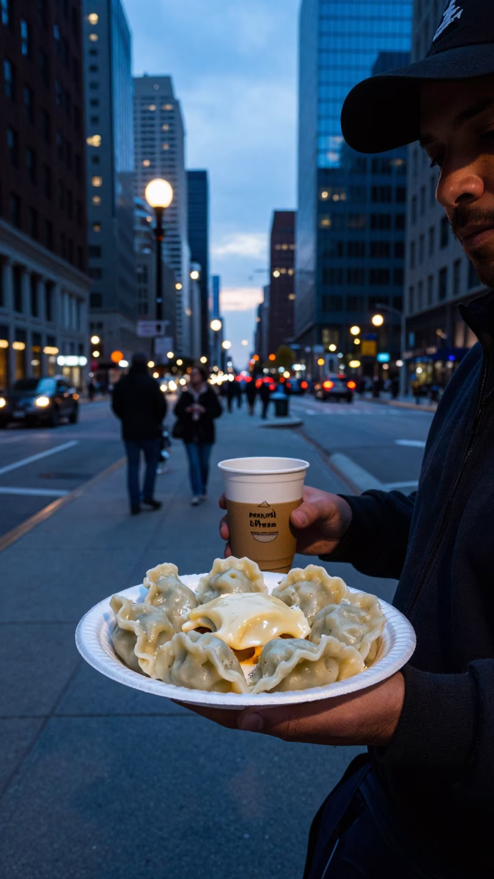 Nautical Dawn in Chicago Illinois Street Scene with Pierogi and Coffee in in Chicago, Illinois, United States