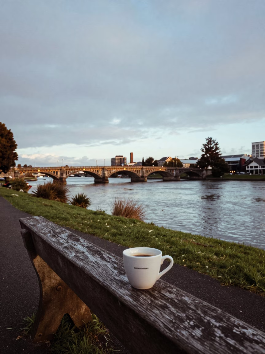 Nautical Dawn in Christchurch New Zealand Riverbank and Vintage Coffee Cup in in Christchurch, New Zealand