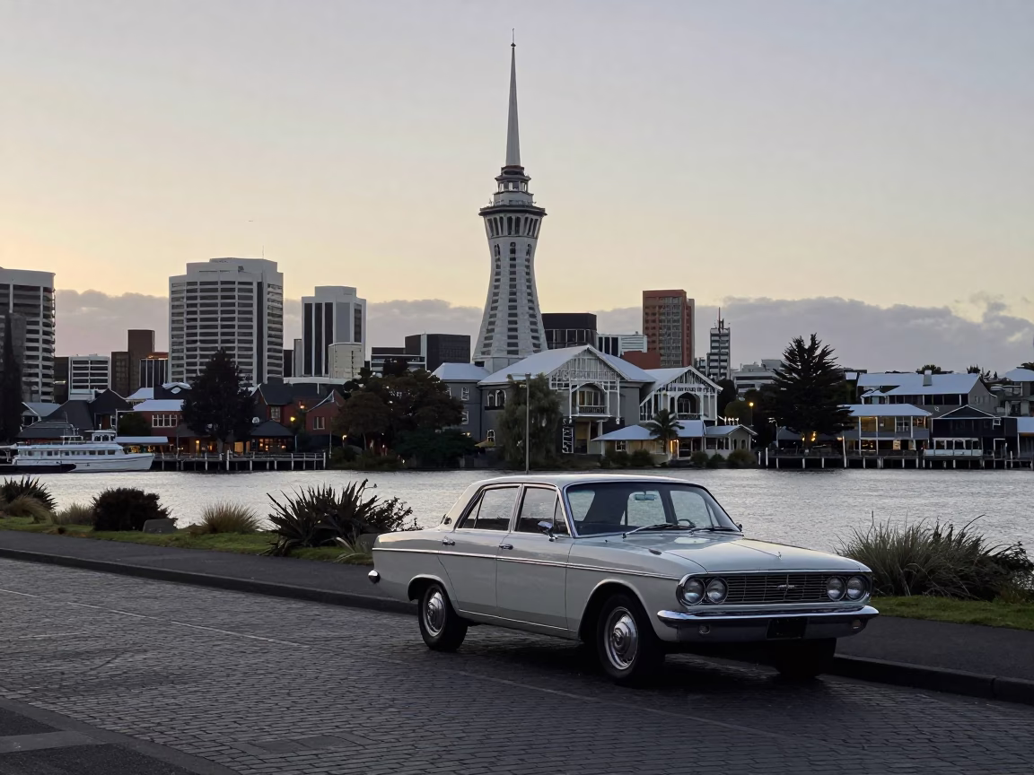 Nautical Dawn in Christchurch New Zealand with Vintage 1960s Aesthetic and Local Street Details in in Christchurch, New Zealand