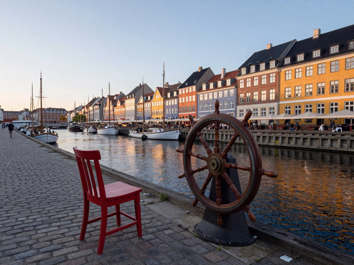 Nautical Dawn in Copenhagen Denmark with Red Chair and Ship Wheel Detail in in Copenhagen, Denmark