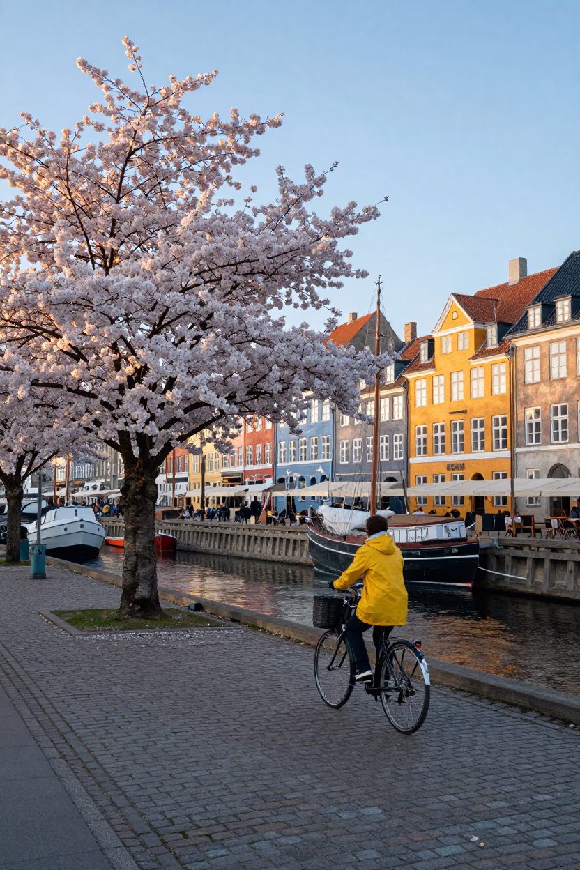 Nautical Dawn in Copenhagen Denmark with White Cherry Blossoms and Vintage Bicycle in in Copenhagen, Denmark