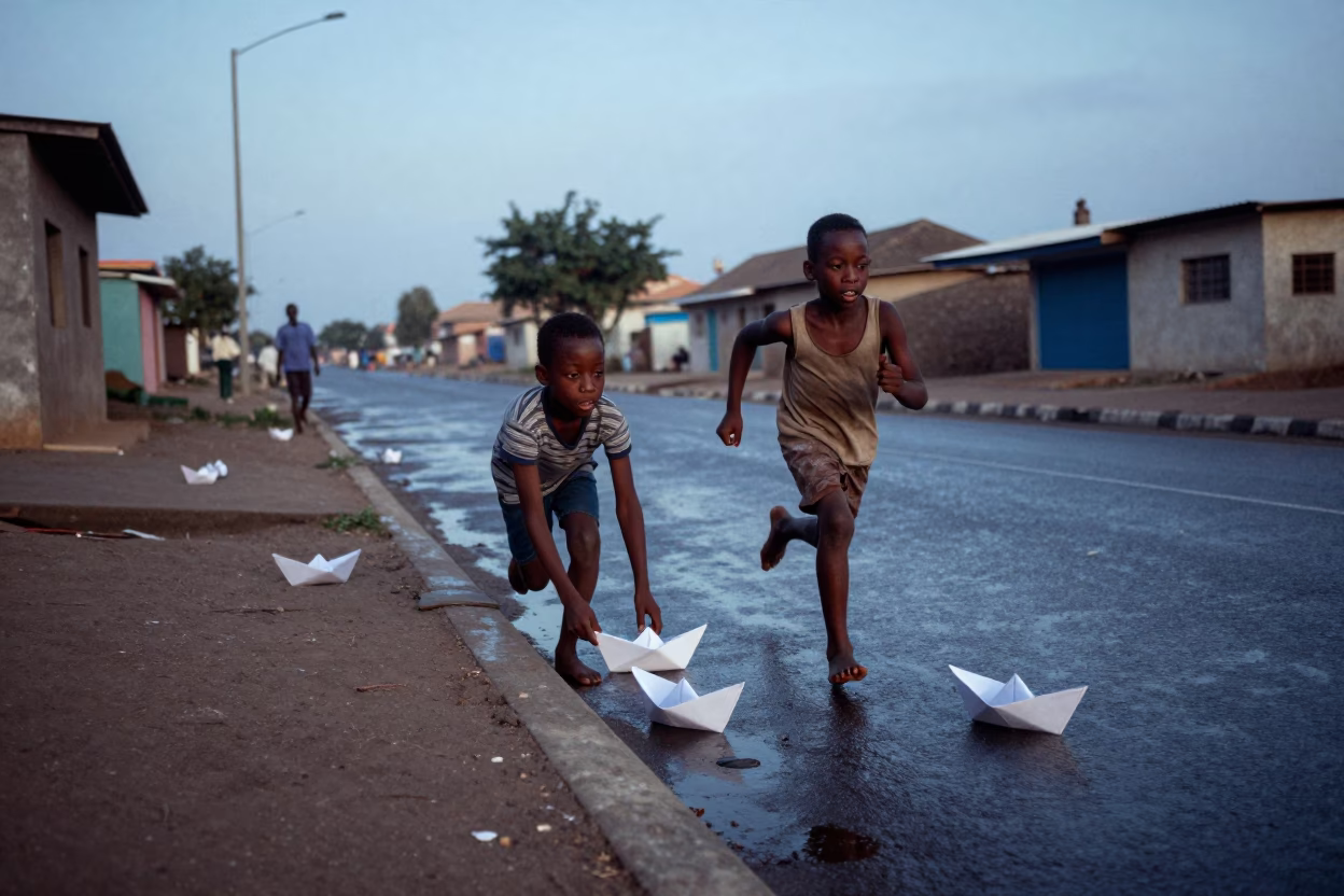 Nautical Dawn in Dakar Senegal Children Racing Paper Boats in Gutter Stream in in Dakar, Senegal