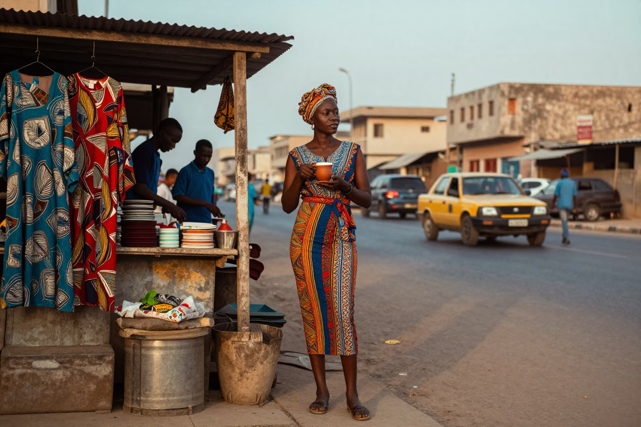 Nautical Dawn in Dakar Senegal Colorful 1980s High Fashion Street Photography Scene in in Dakar, Senegal