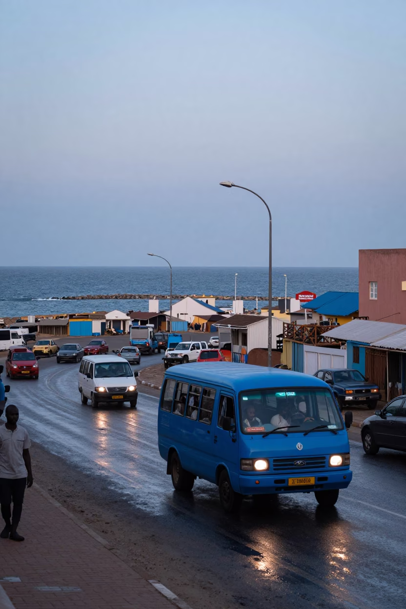 Nautical Dawn in Dakar Senegal with Blue Minibus and Coastal Harbor Activity in in Dakar, Senegal