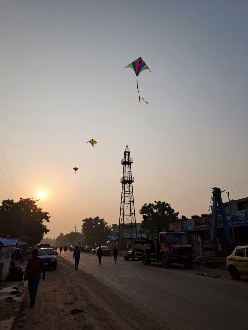 Nautical Dawn in Delhi India with Kites and Construction Pile Driver in in Delhi, India