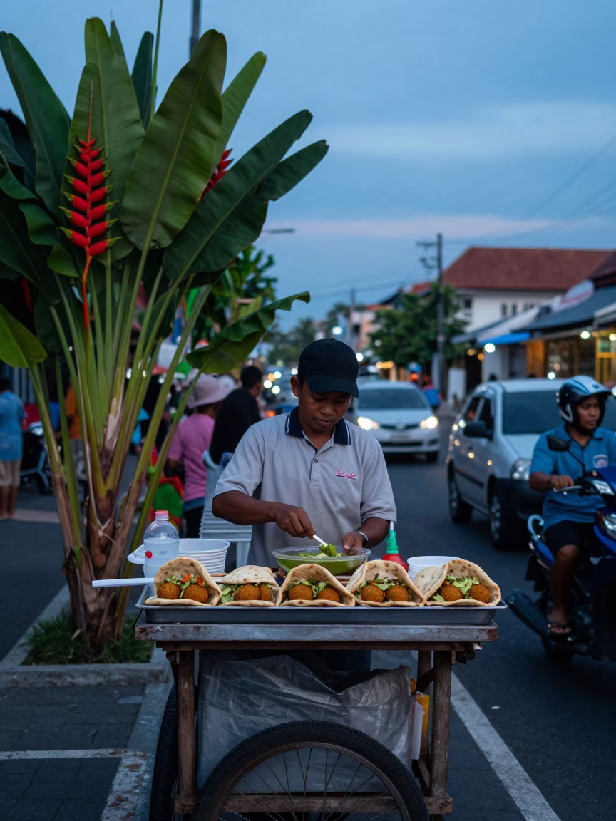 Nautical Dawn in Denpasar Bali Indonesia Street Scene with Heliconia and Local Life in in Denpasar, Indonesia