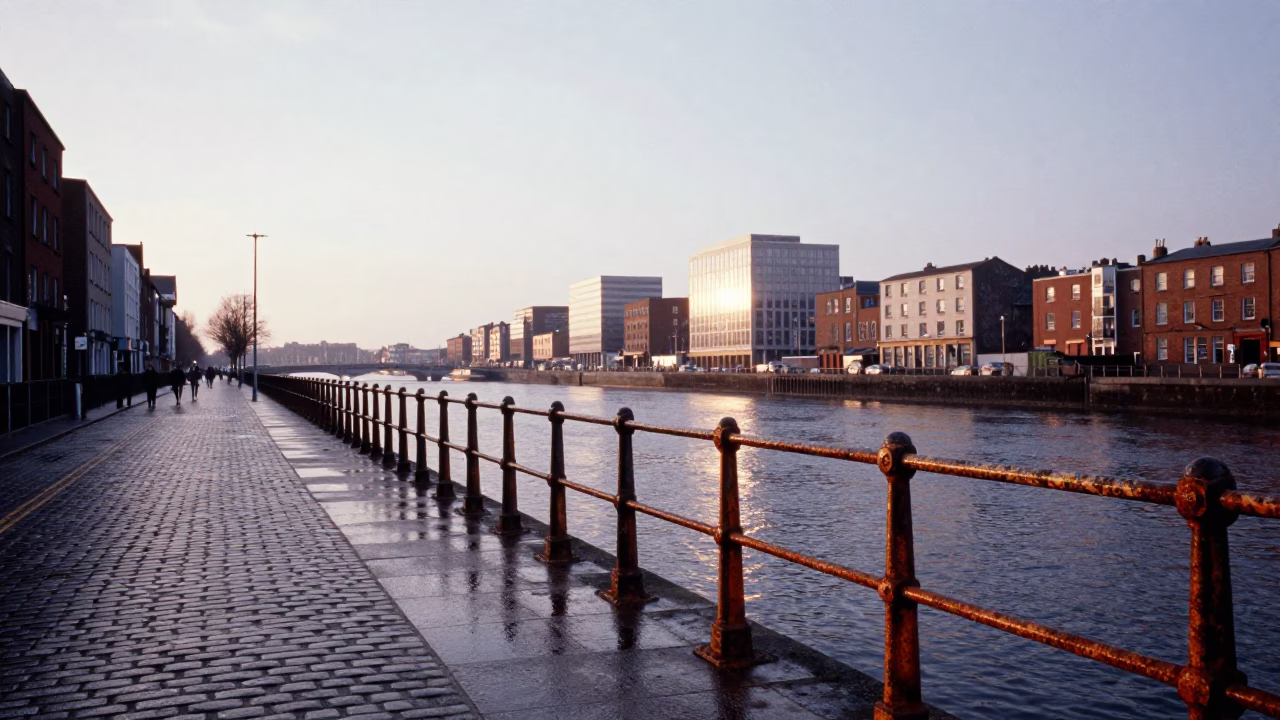 Nautical Dawn in Dublin Ireland Rusty Rail and Urban Street Scene in in Dublin, Ireland