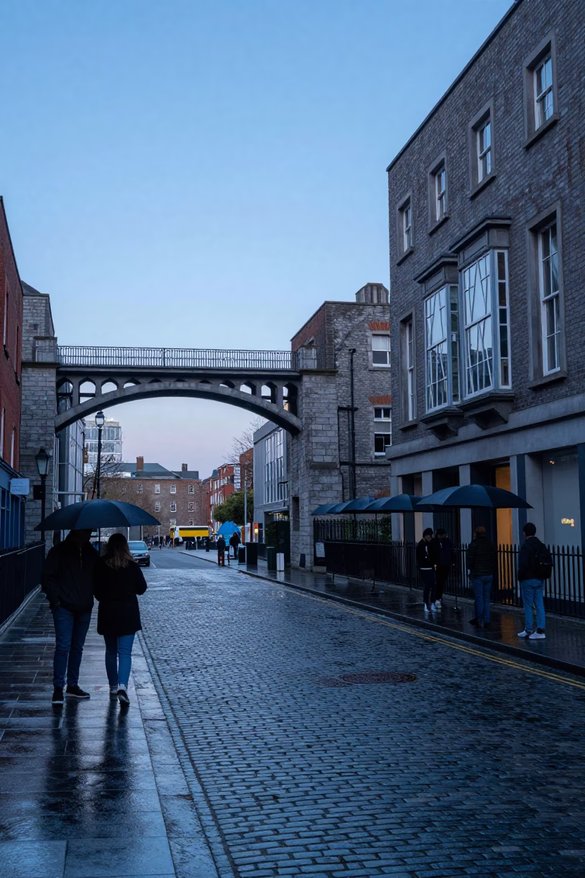Nautical Dawn in Dublin Ireland Street Scene with Umbrellas and Viaduct Shadow in in Dublin, Ireland