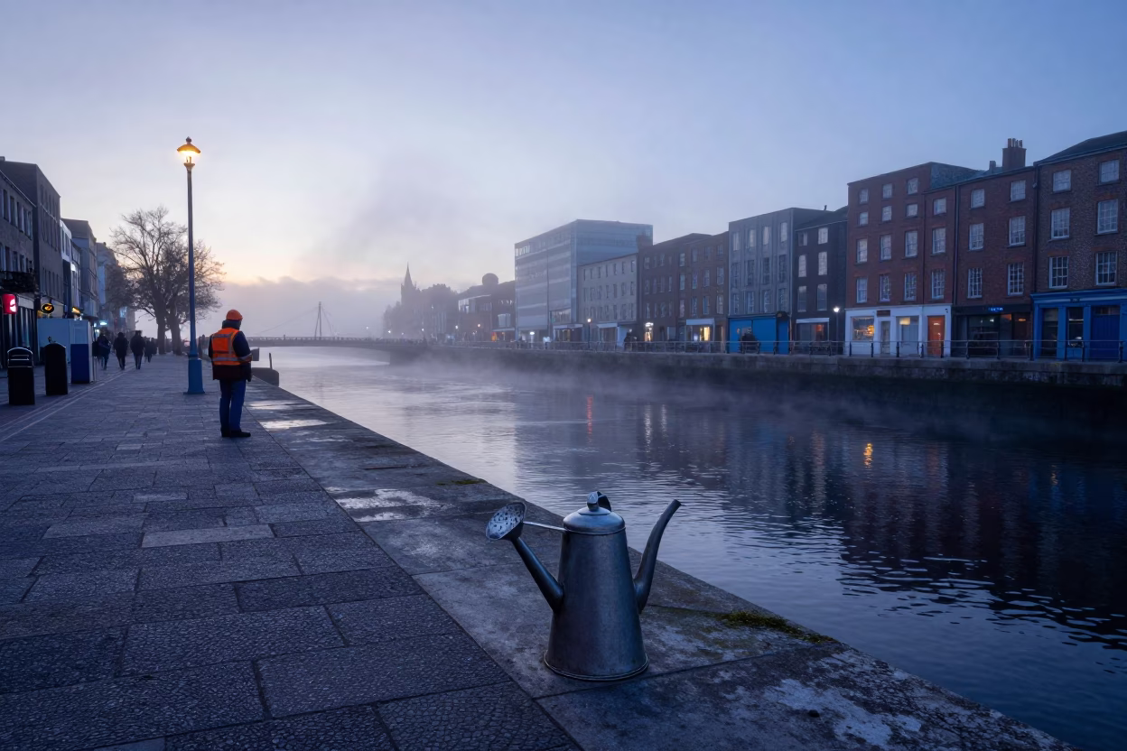 Nautical Dawn in Dublin Ireland Street Scene with Watering Jug and Urban Morning Light in in Dublin, Ireland