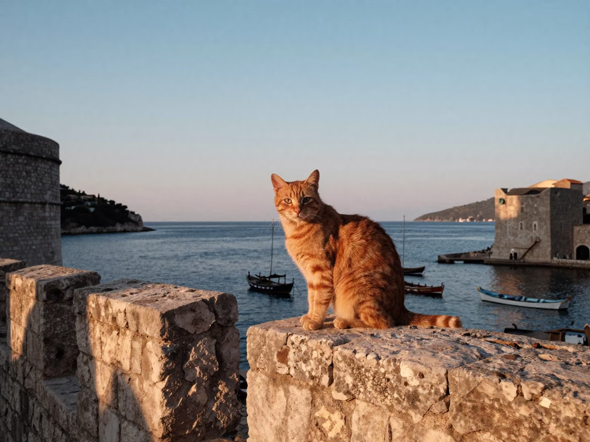 Nautical Dawn in Dubrovnik Croatia Ginger Cat on Ancient Stone Wall Near Harbor in in Dubrovnik, Croatia