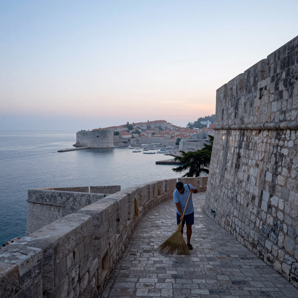 Nautical Dawn in Dubrovnik Croatia Stone Walls and Misty Harbor View in in Dubrovnik, Croatia