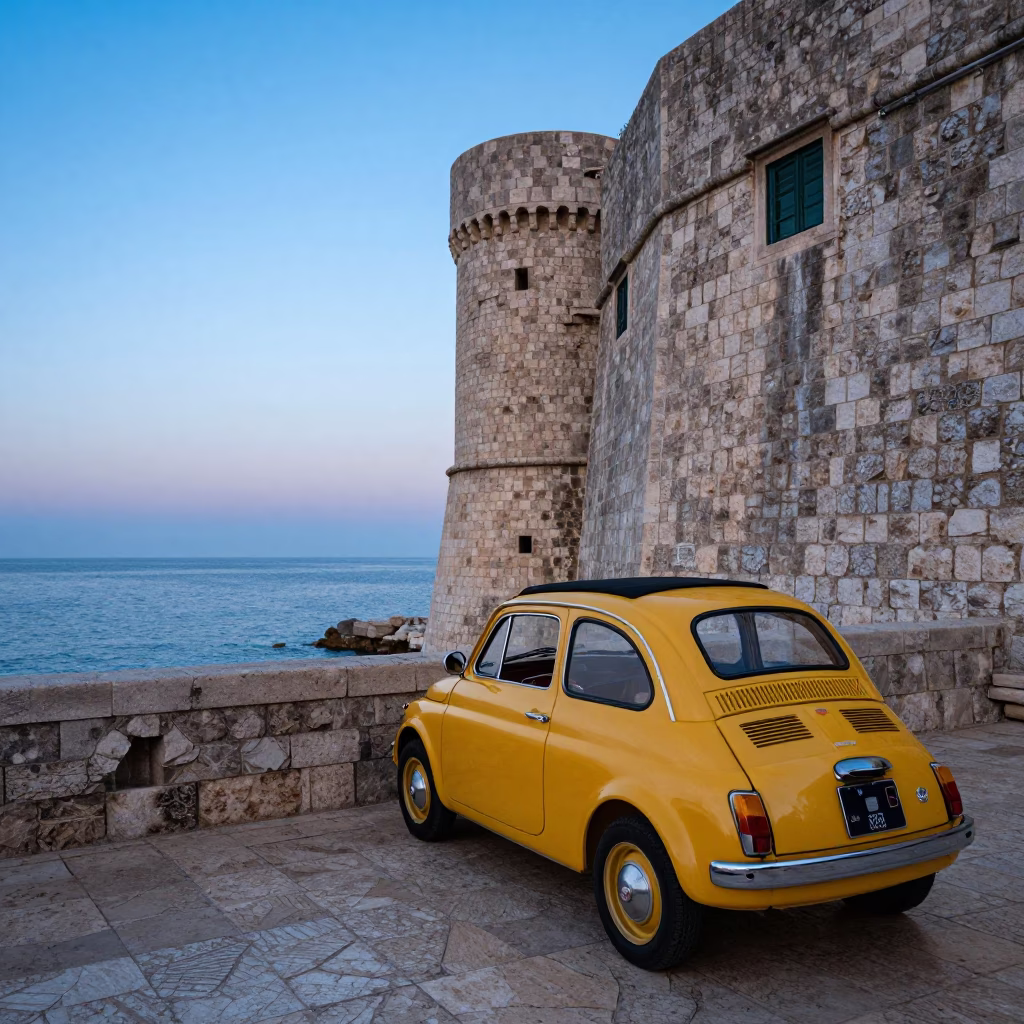 Nautical Dawn in Dubrovnik Croatia Street Scene with Vintage Car and Local Life in in Dubrovnik, Croatia
