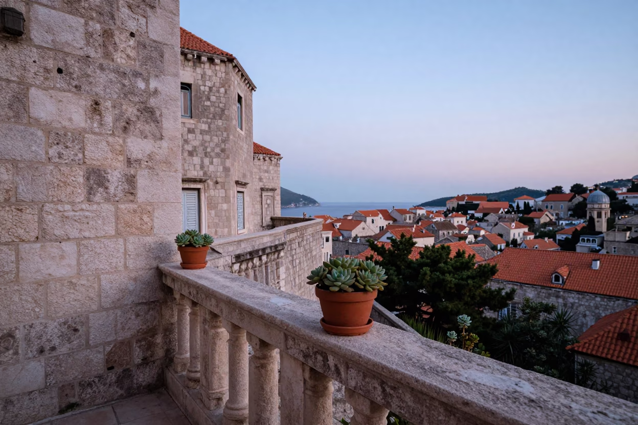 Nautical Dawn in Dubrovnik Croatia with Potted Succulents on Old Stone Balcony in in Dubrovnik, Croatia
