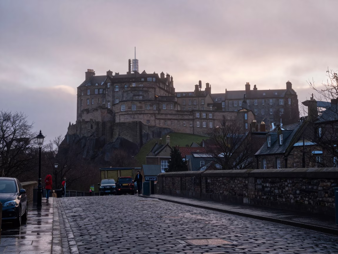 Nautical Dawn in Edinburgh Scotland Steam Haze Rising Over Cobblestone Street Near Castle Rock in in Edinburgh, United Kingdom