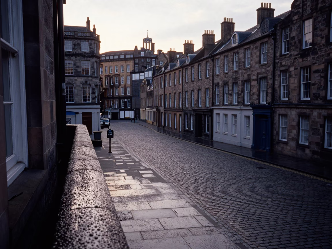 Nautical Dawn in Edinburgh Scotland Street Scene with Condensation on Window Sill and Grapes in in Edinburgh, United Kingdom
