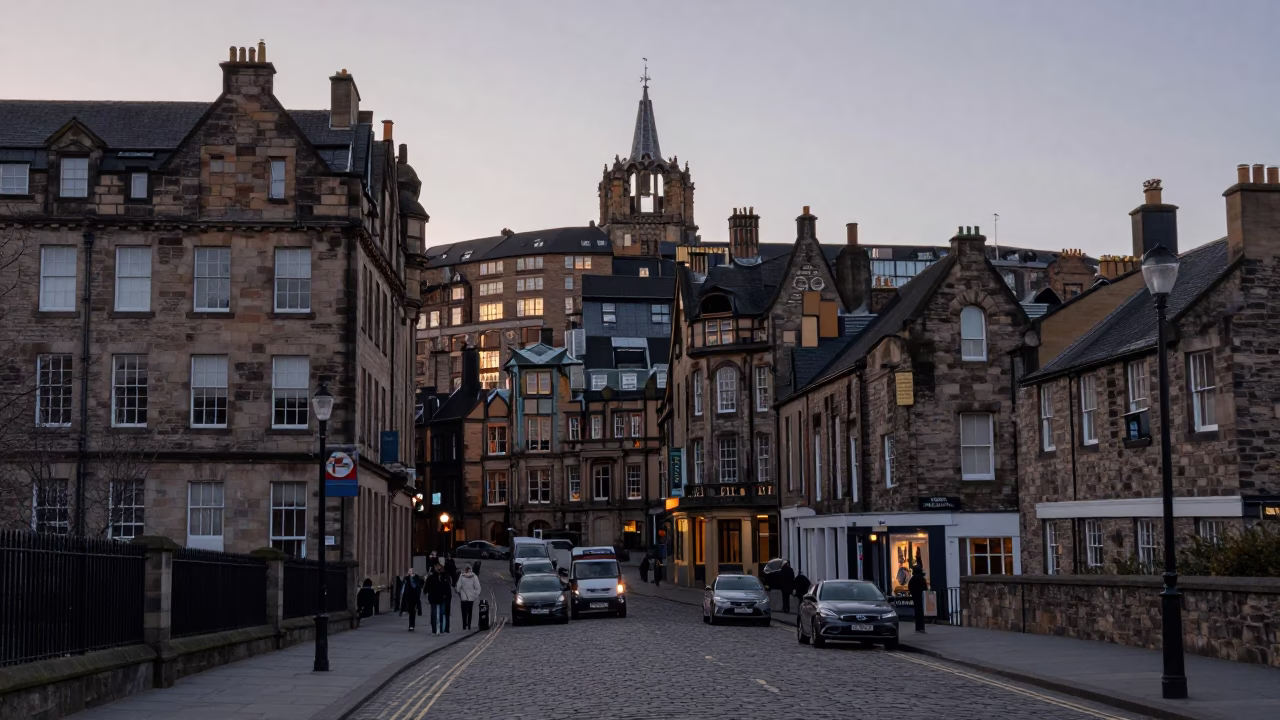 Nautical Dawn in Edinburgh Scotland with Clipboard and Urban Street Scene in in Edinburgh, United Kingdom