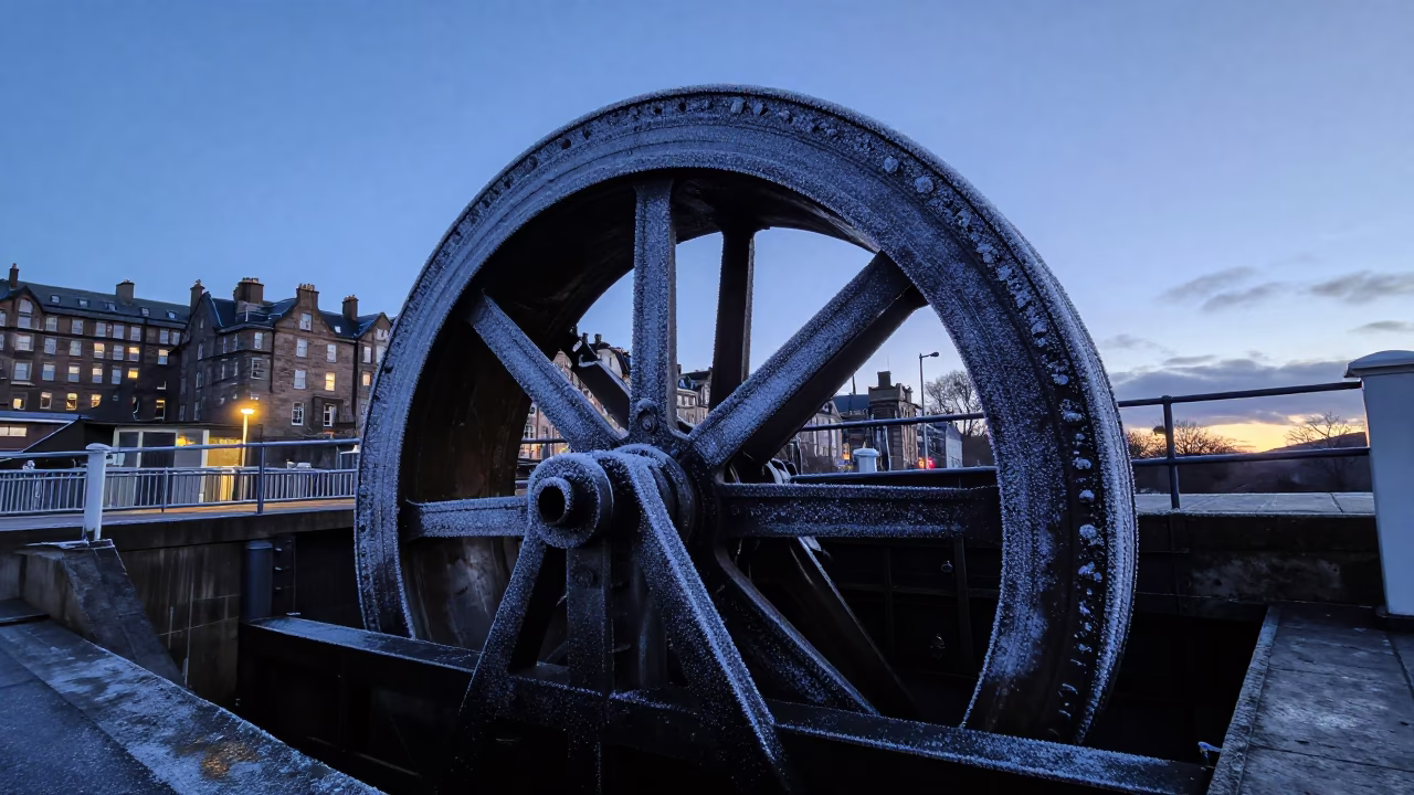 Nautical Dawn in Edinburgh with Frost-Crusted Sluice Gate Wheel and Rail Steam Haze in in Edinburgh, United Kingdom