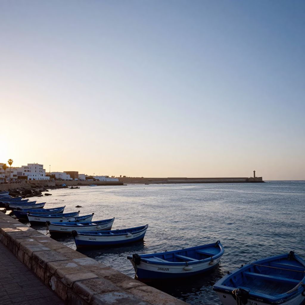 Nautical Dawn in Essaouira Morocco Coastal Breakwater and Fishing Boats in in Essaouira, Morocco