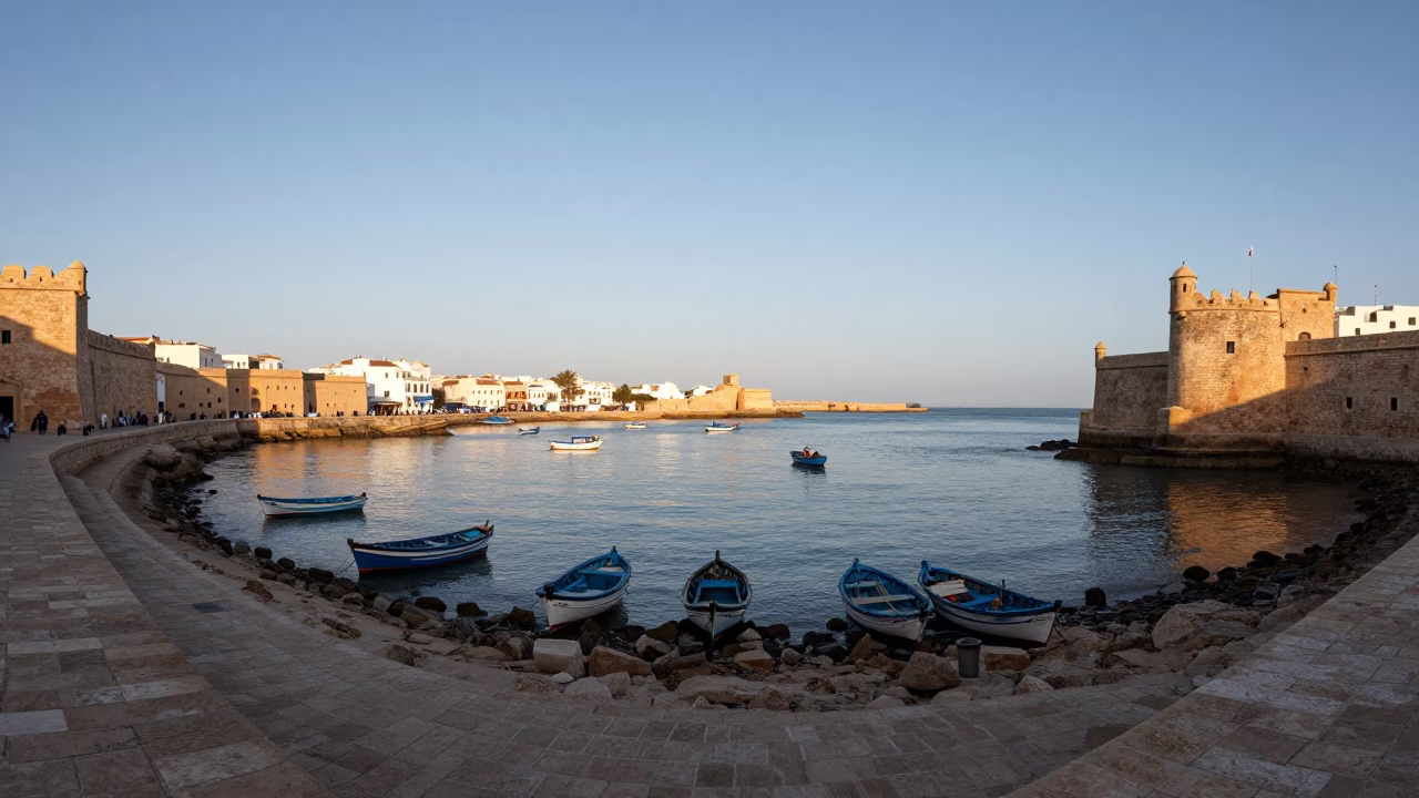 Nautical Dawn in Essaouira Morocco Coastal Fishing Activity and Traditional Harbor Life in in Essaouira, Morocco