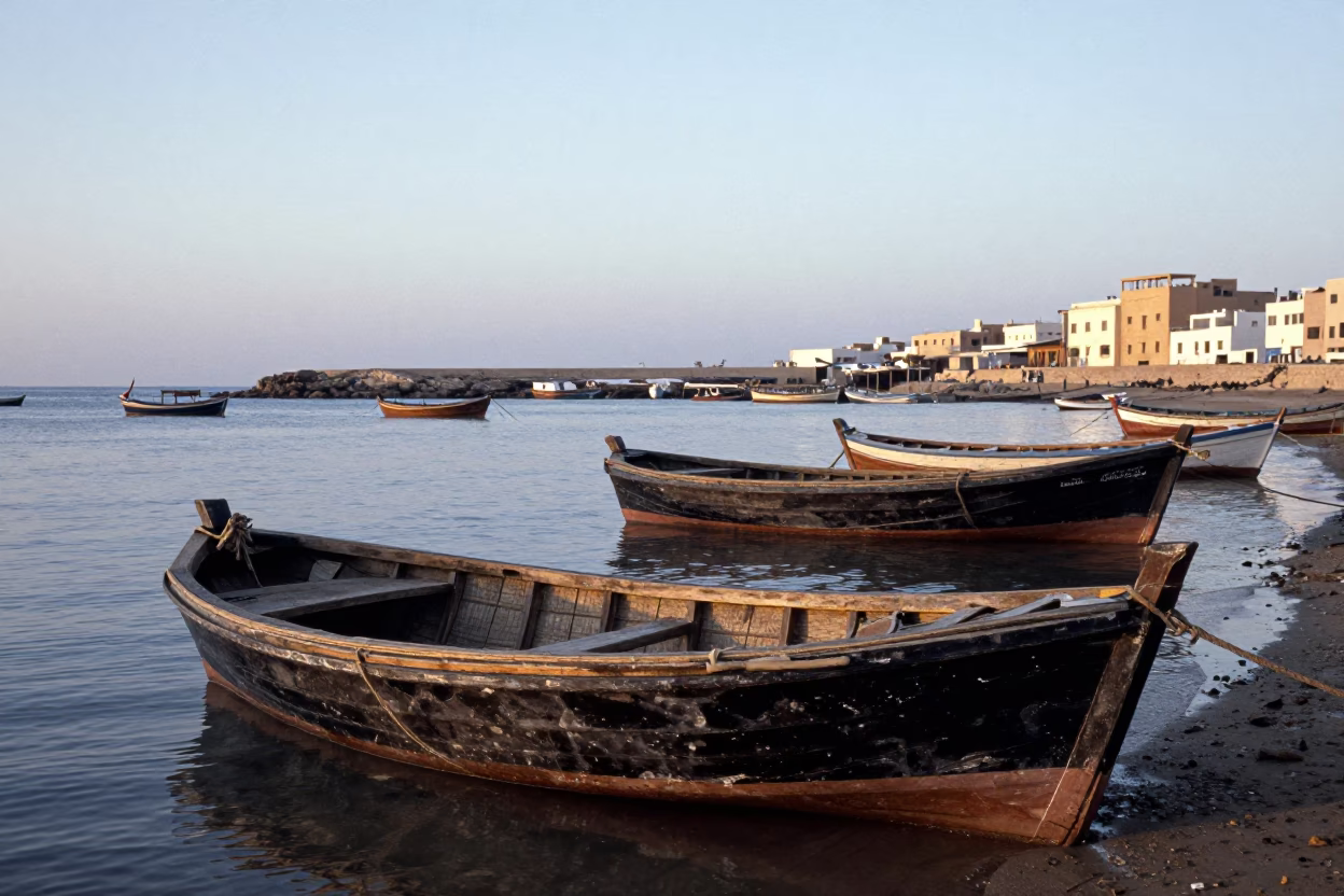 Nautical Dawn in Essaouira Morocco Fishing Boats and Woven Mats in in Essaouira, Morocco