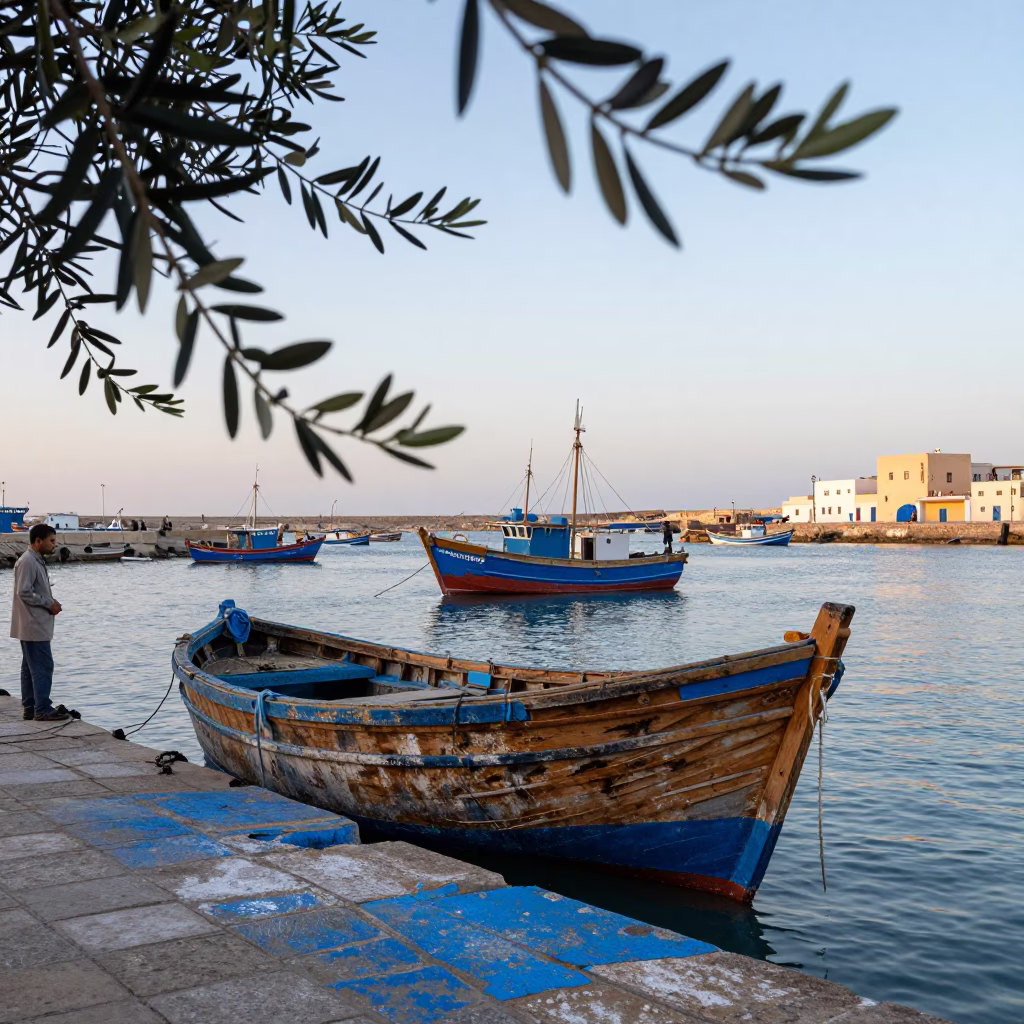 Nautical Dawn in Essaouira Morocco Fishing Harbor with Olive Branch and Linen Cloth in in Essaouira, Morocco