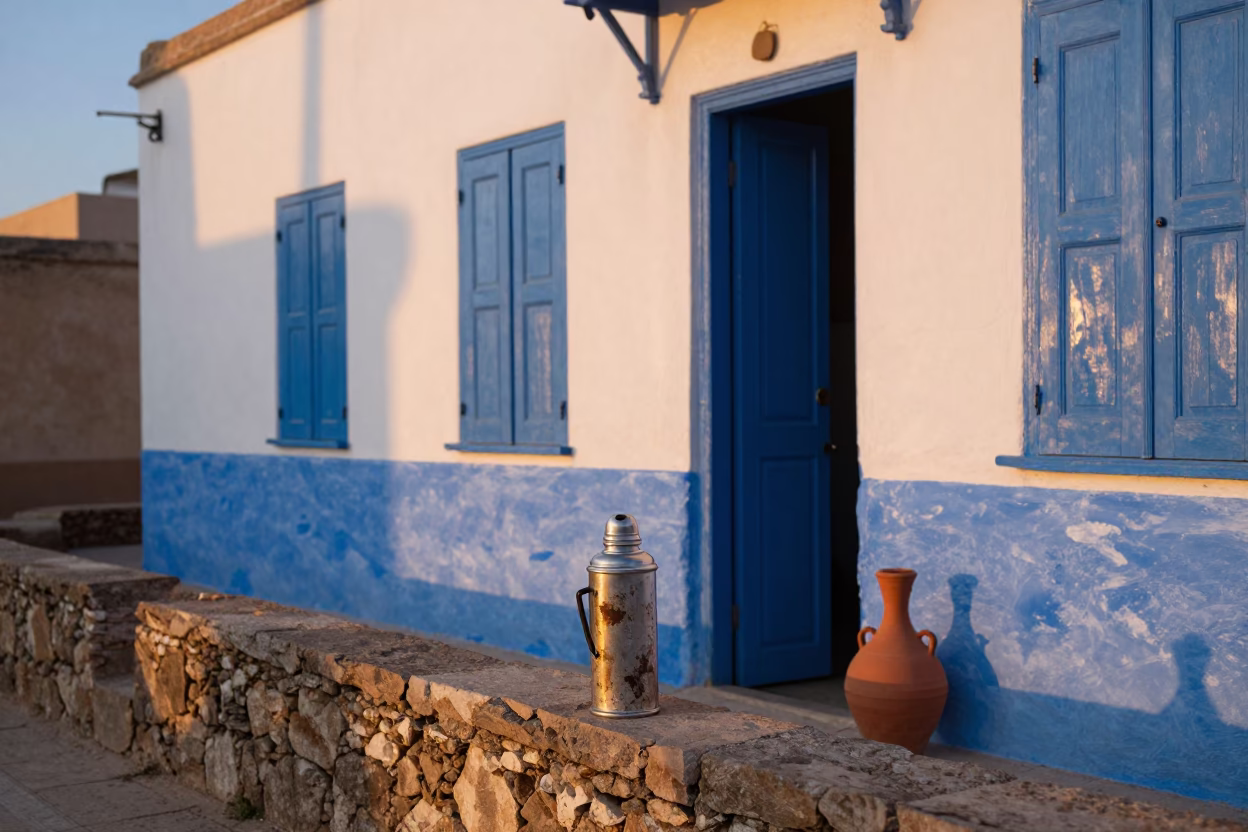 Nautical Dawn in Essaouira Morocco Street Scene with Thermos and Terracotta Pots in in Essaouira, Morocco