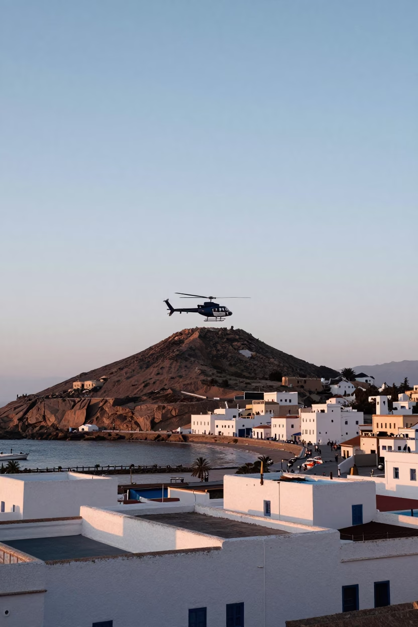 Nautical Dawn in Essaouira Morocco with Helicopter Lifting Off Mountain Summit in in Essaouira, Morocco