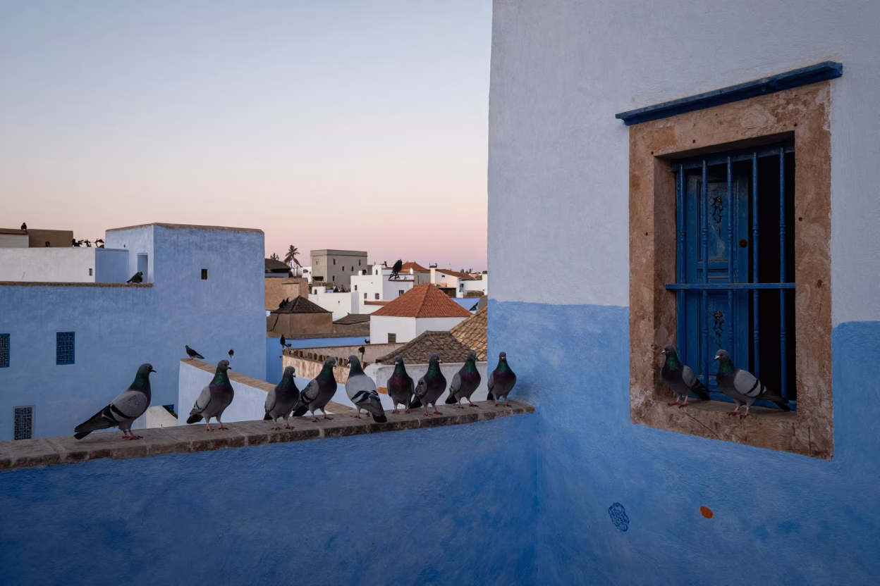 Nautical Dawn in Essaouira Morocco with Pigeons and Traditional Tea Stains in in Essaouira, Morocco