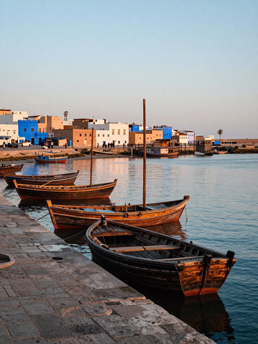 Nautical Dawn in Essaouira Morocco with Traditional Wooden Junk Boats in Harbor in in Essaouira, Morocco