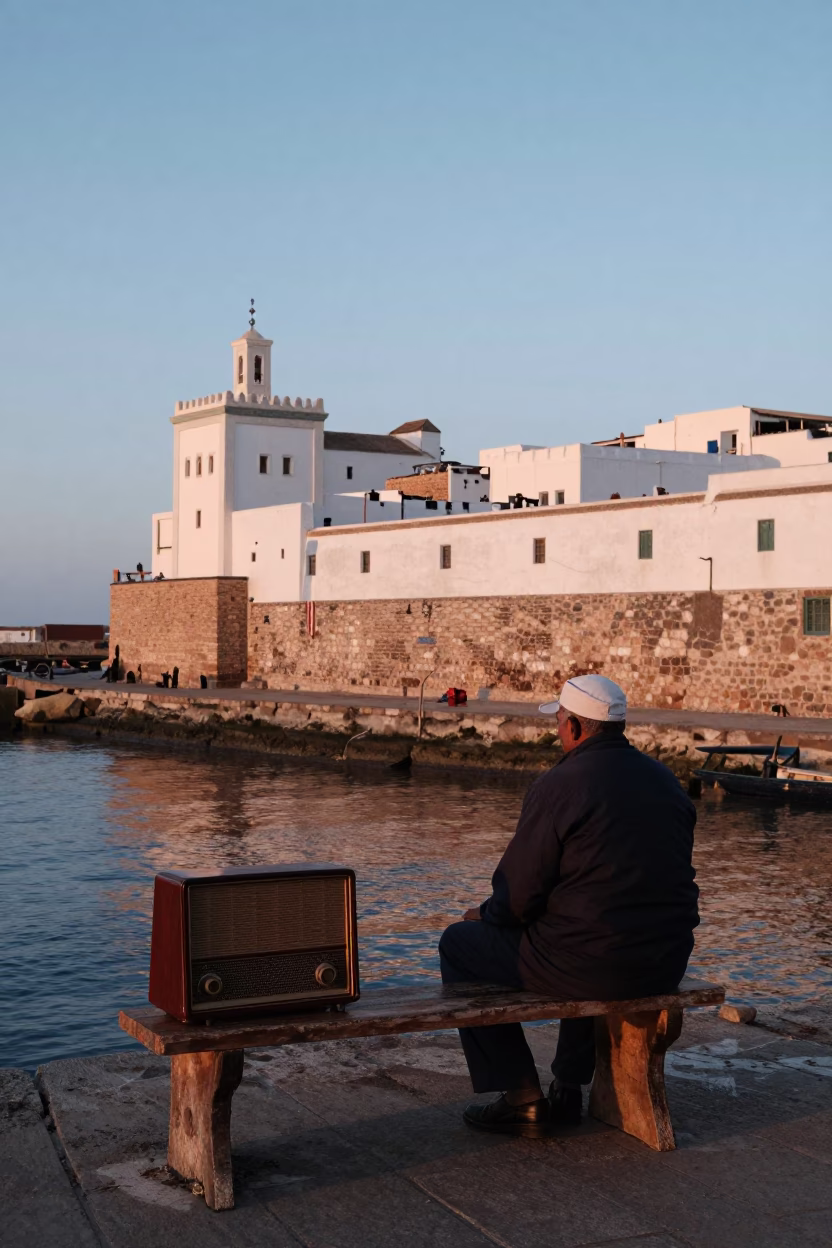 Nautical Dawn in Essaouira Morocco with Vintage Radio on Wooden Bench in in Essaouira, Morocco
