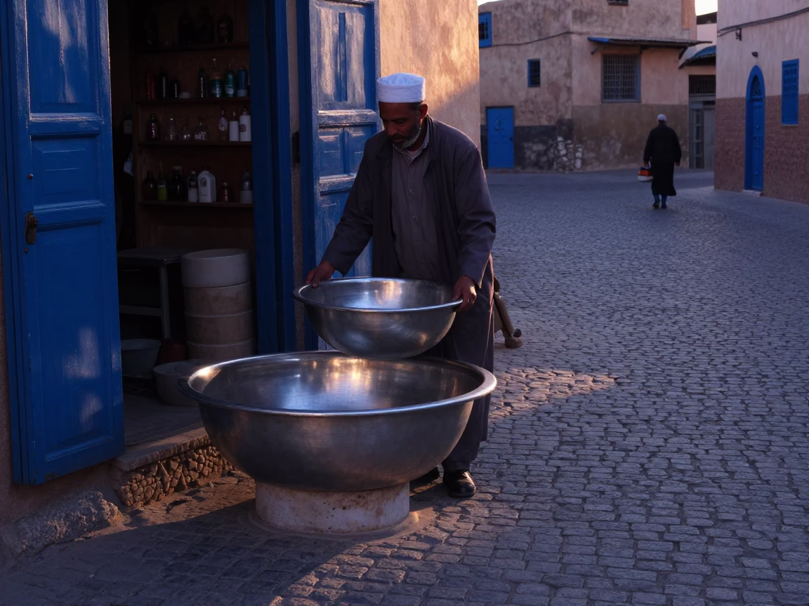 Nautical Dawn in Fez Morocco Brushed Steel Basin and Cobblestone Street Reflections in in Fez, Morocco