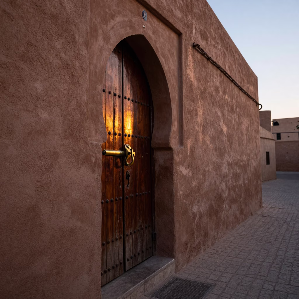 Nautical Dawn in Fez Morocco Street Scene with Door Latch and Busy Market Activity in in Fez, Morocco
