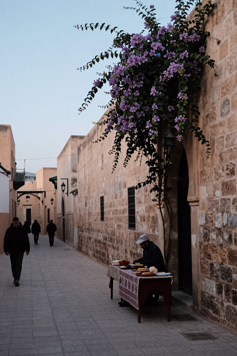 Nautical Dawn in Fez Morocco Street Scene with Lanterns and Stone Architecture in in Fez, Morocco