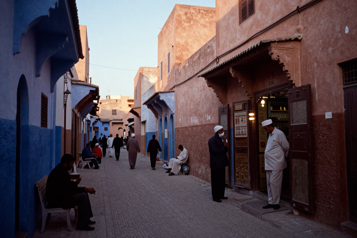 Nautical Dawn in Fez Morocco Street Scene with Soap Streaks on Wall Tile in in Fez, Morocco