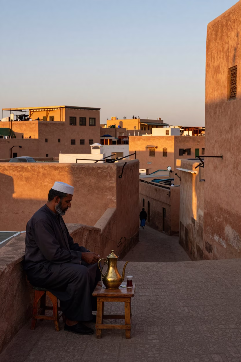 Nautical Dawn in Fez Morocco Traditional Tea Service and Street Life in in Fez, Morocco