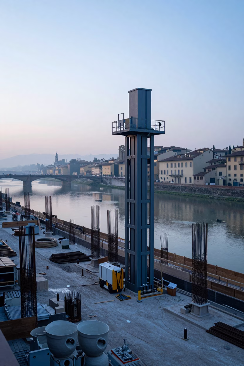 Nautical Dawn in Florence Italy Construction Site with Rebar and Ceramic Mugs in in Florence, Italy